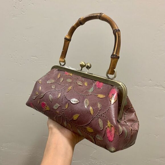 Handmade Genuine Leather Floral Embossed Real bamboo Handle Satchel/Crossbody - Picture 4 of 15